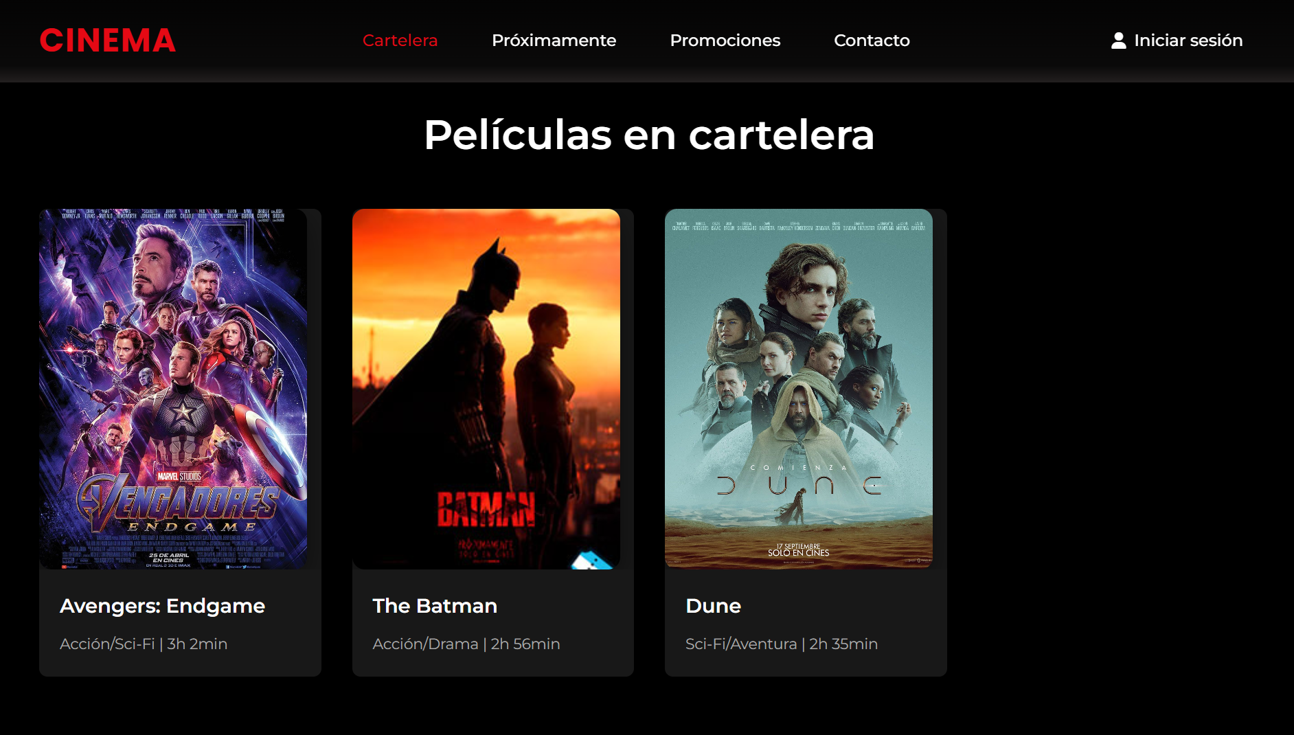 Cartelera del sistema de entradas de cine