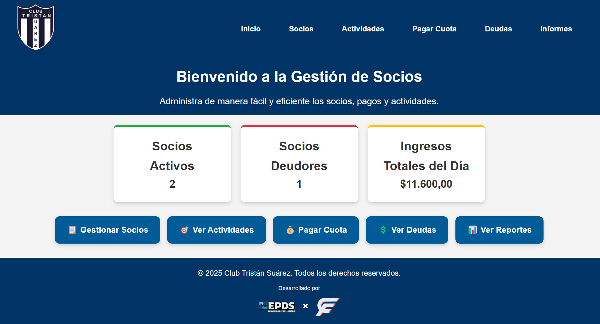 Dashboard del sistema de gestión de socios