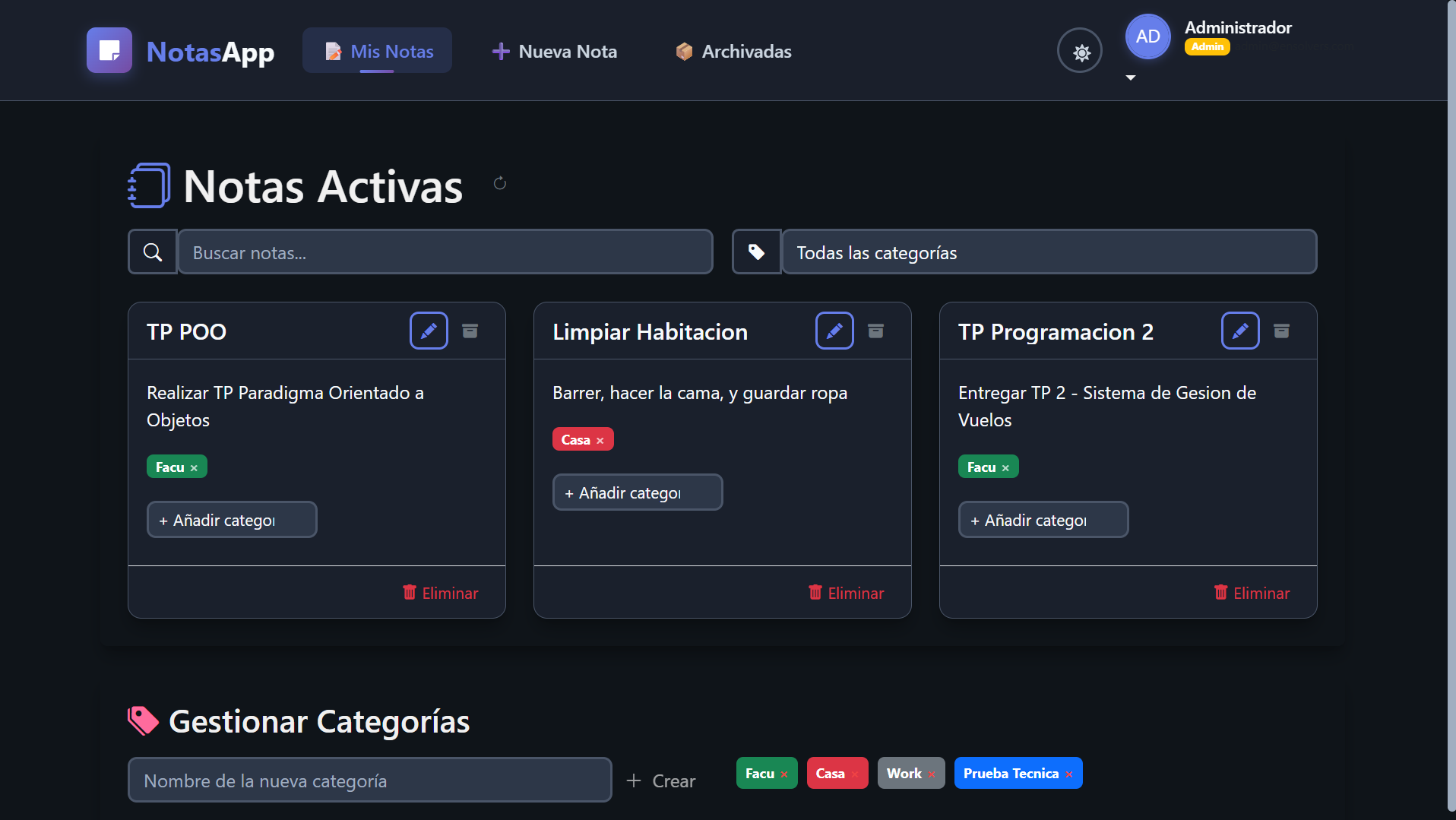 Dashboard de la aplicación de gestión de notas